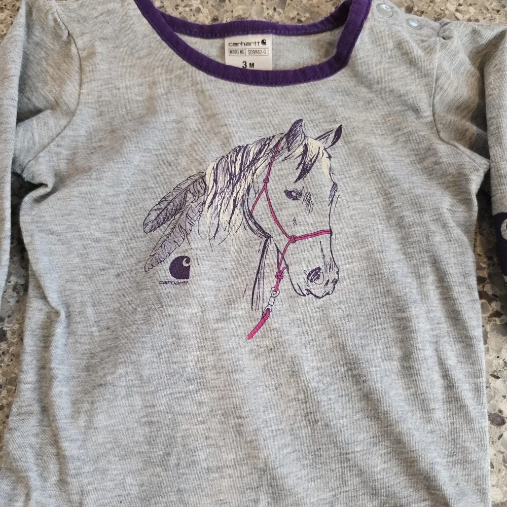 Carhartt Grey Purple‎ Horse Graphic Long Sleeve Bodysuit Baby Girl Size 3M.E117